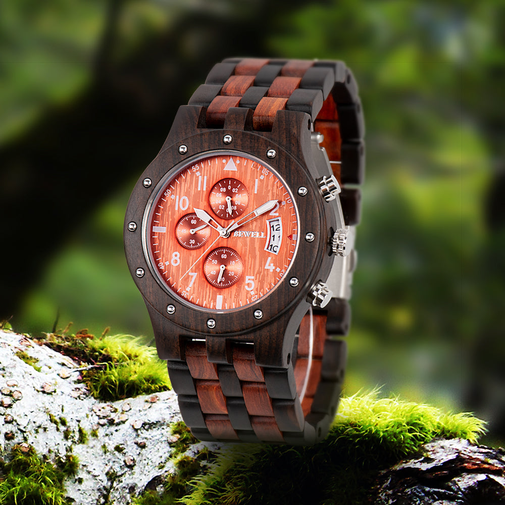 Bewell W109D Chronograph Red & Black Sandalwood Watch