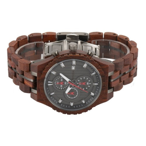 Bewell Chronograph Red Sandalwood Wood And Gun Black Stainless Steel Watch