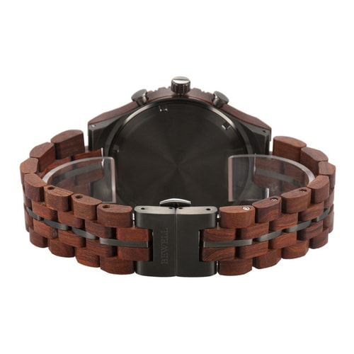 Bewell Chronograph Red Sandalwood Wood And Gun Black Stainless Steel Watch