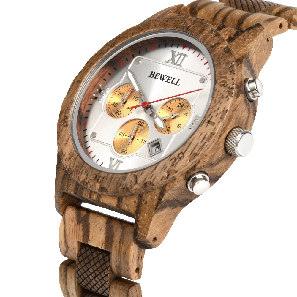 Bewell 180AG Zebra with Walnut Wood Watch