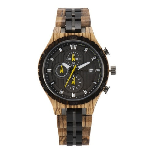 Bewell Chronograph Zebra Wood And Stainless Steel Watch