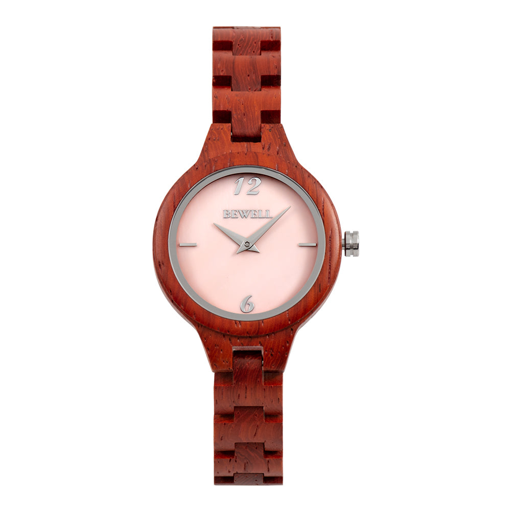 Bewell 150A Red Sandalwood Wood Watch - Mother of Pearl Dial