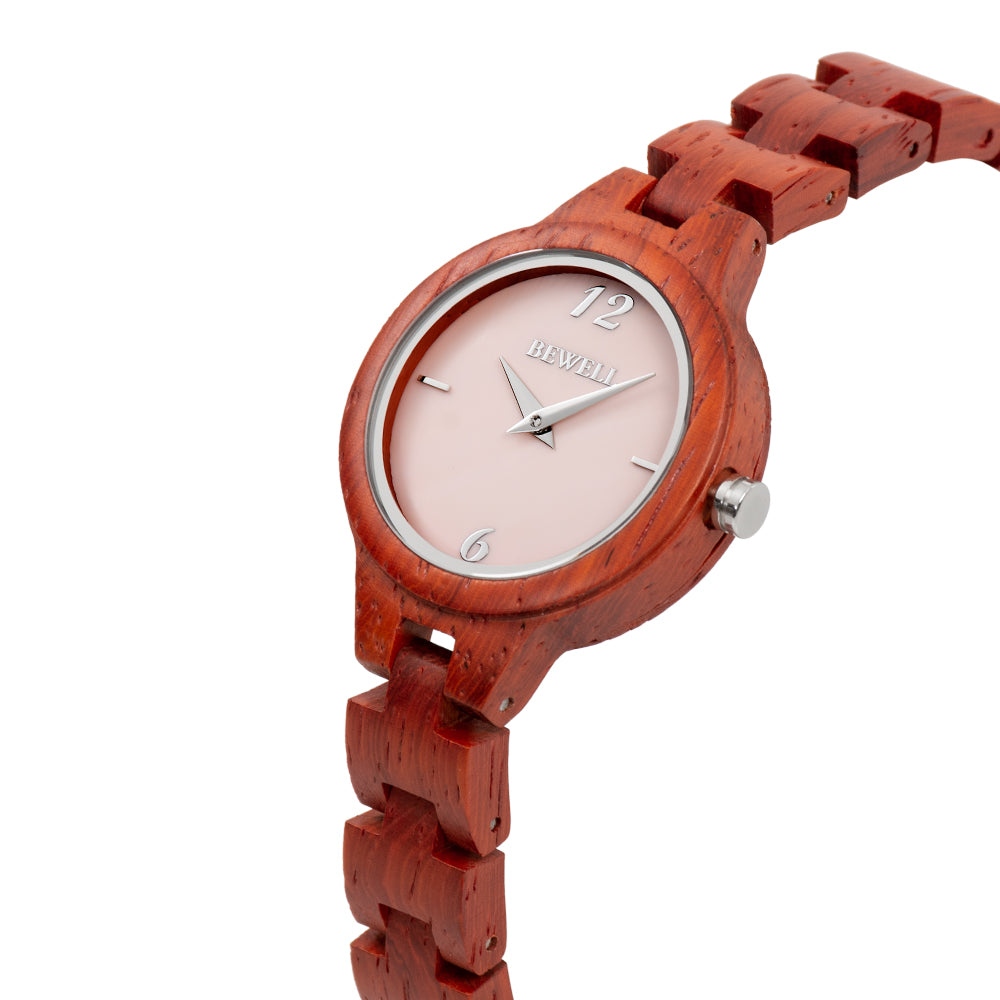 Bewell 150A Red Sandalwood Wood Watch - Mother of Pearl Dial