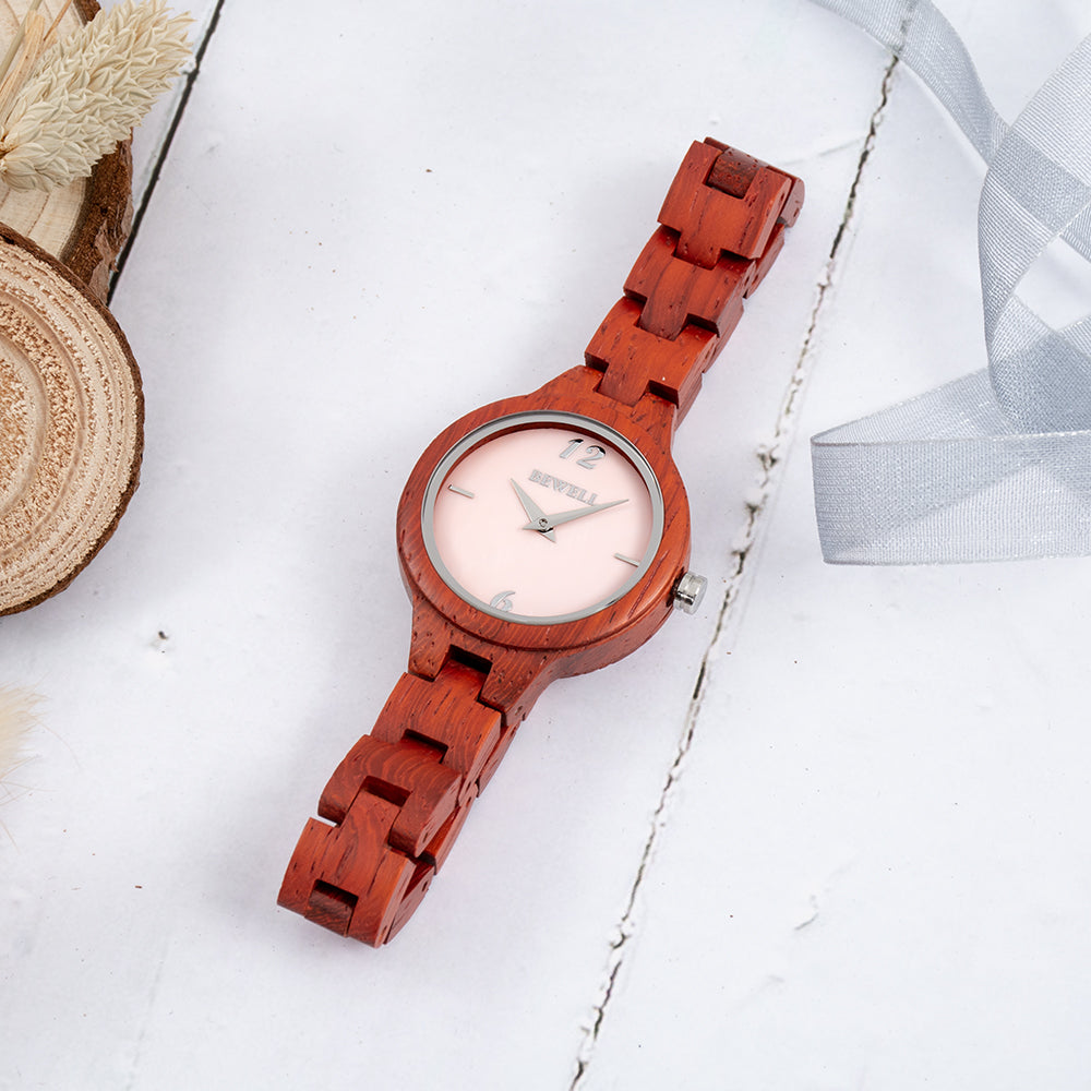 Bewell 150A Red Sandalwood Wood Watch - Mother of Pearl Dial