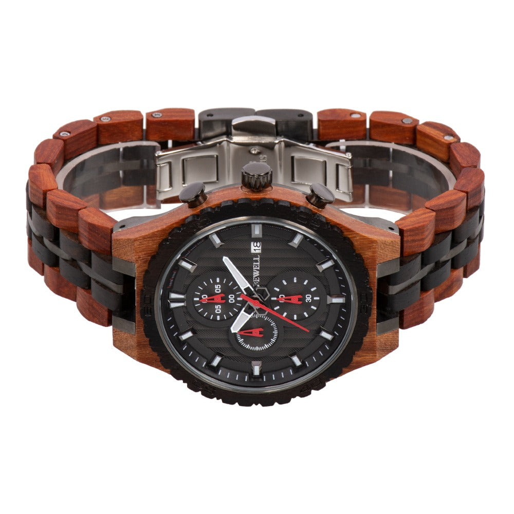 Bewell Chronograph Red Sandalwood and Ebony Wood And Stainless Steel Watch