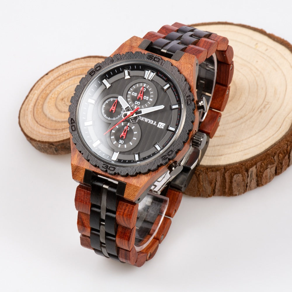 Bewell Chronograph Red Sandalwood and Ebony Wood And Stainless Steel Watch