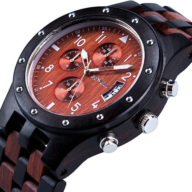 Bewell W109D Chronograph Red & Black Sandalwood Watch