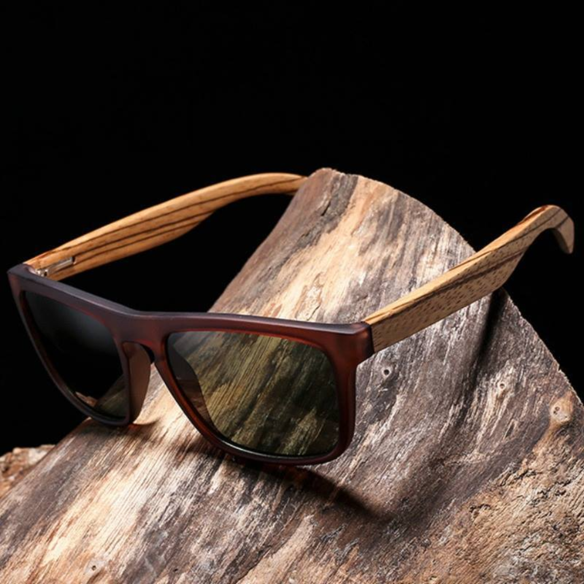 Wayfarer Style Zebra Frame and Grey Lens Wood Sunglasses