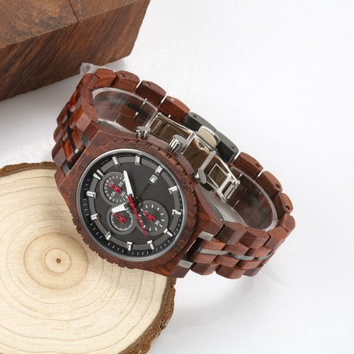 Bewell Chronograph Red Sandalwood Wood And Gun Black Stainless Steel Watch