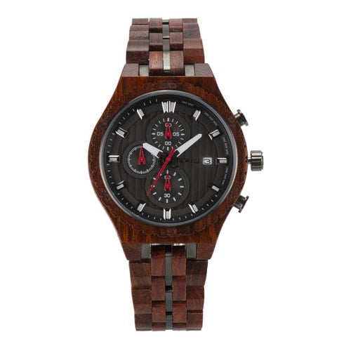 Bewell Chronograph Red Sandalwood Wood And Gun Black Stainless Steel Watch