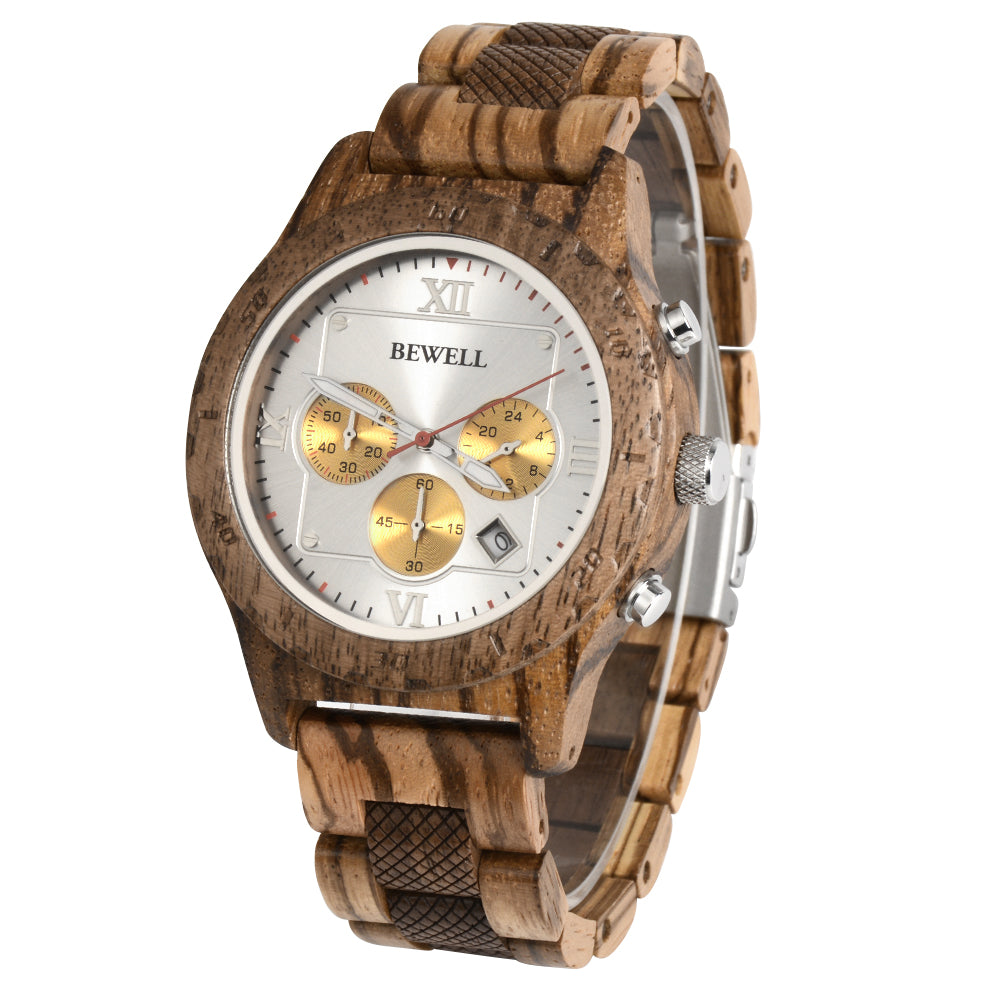 Bewell 180AG Zebra with Walnut Wood Watch