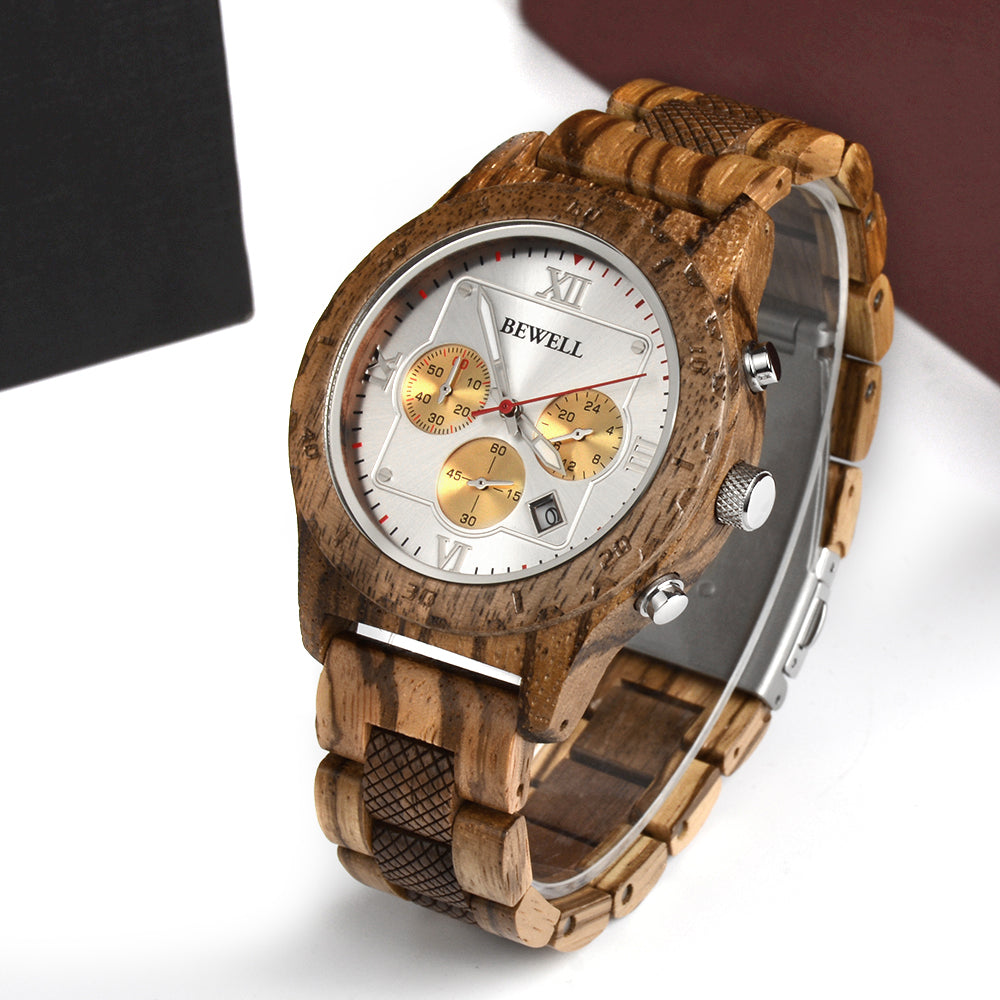 Bewell 180AG Zebra with Walnut Wood Watch