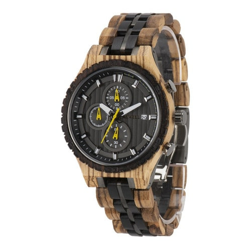 Bewell Chronograph Zebra Wood And Stainless Steel Watch