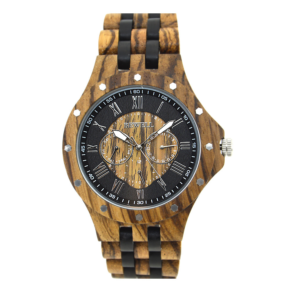Bewell 116C Chronograph Zebra Wood Watch