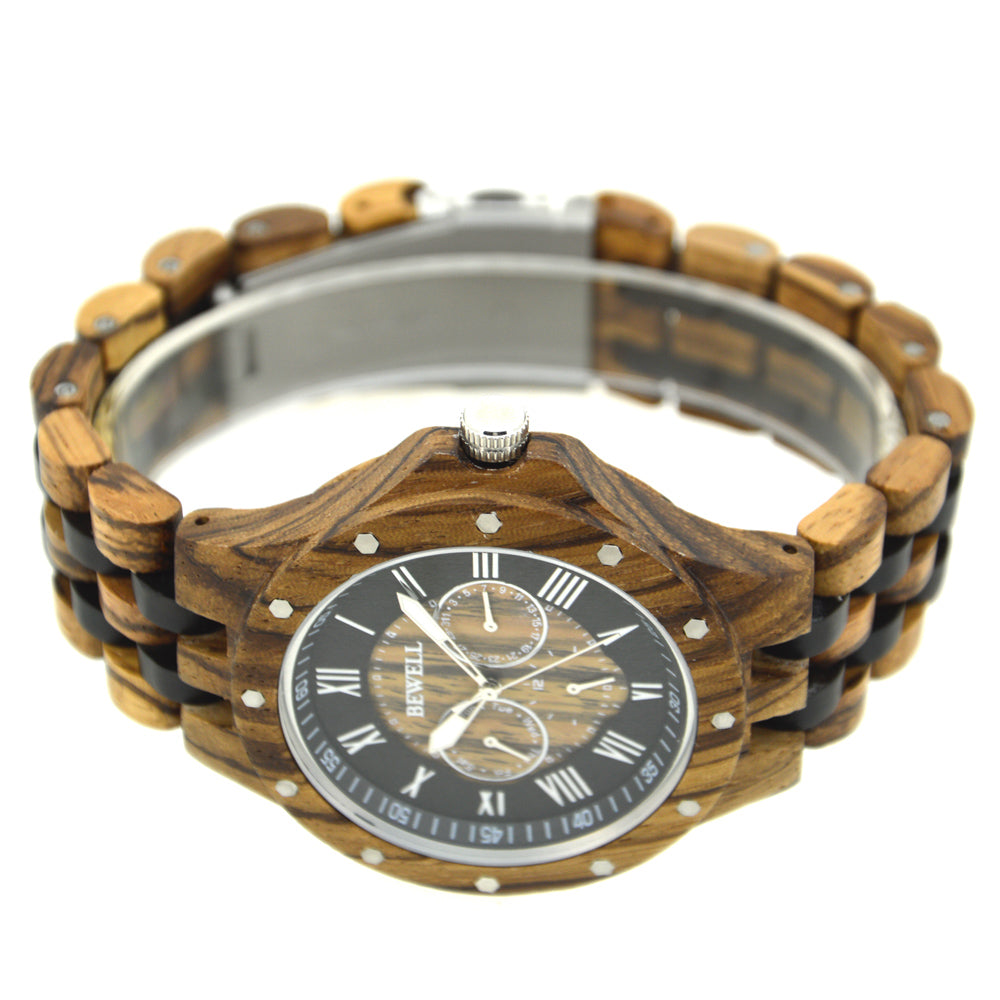 Bewell Chronograph Bamboo Zebra Wood Watch