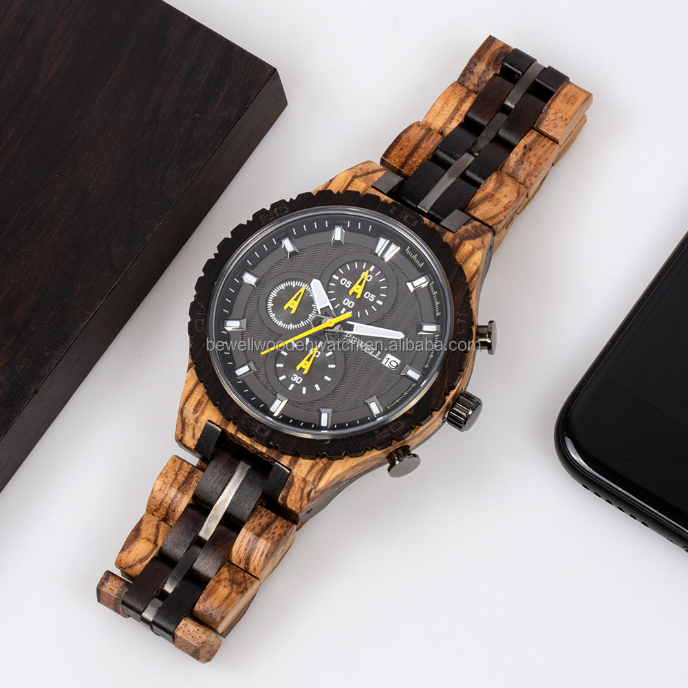 Bewell Chronograph Zebra Wood And Stainless Steel Watch