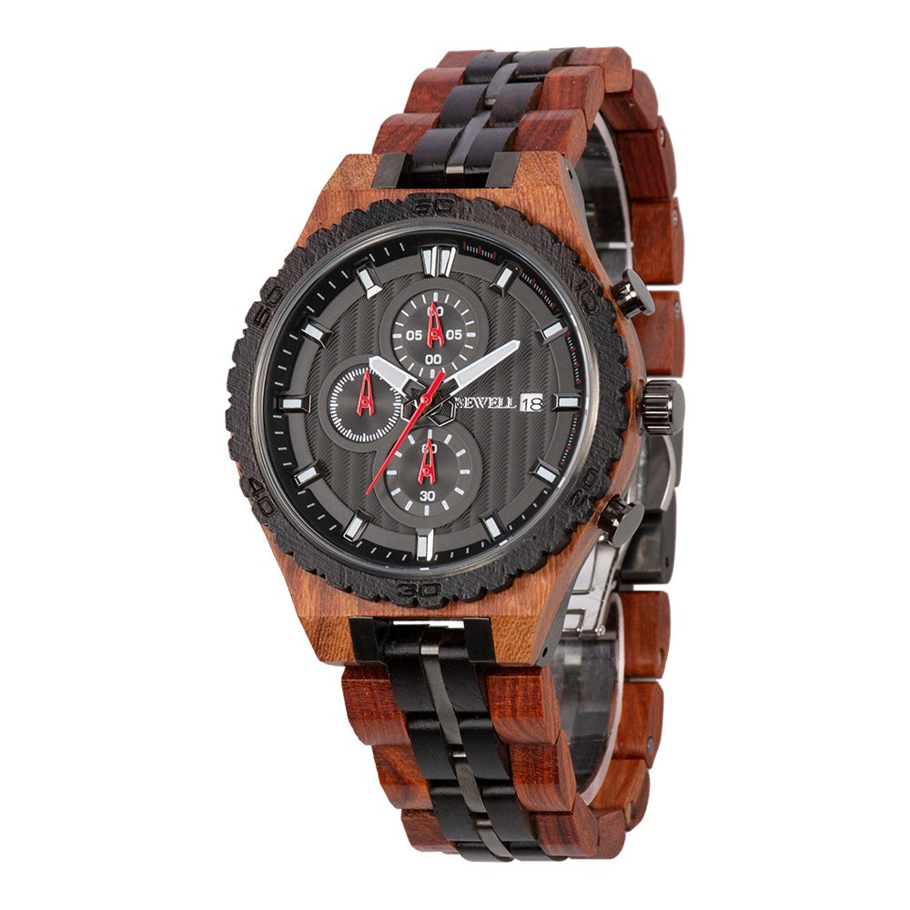 Bewell Chronograph Red Sandalwood and Ebony Wood And Stainless Steel Watch